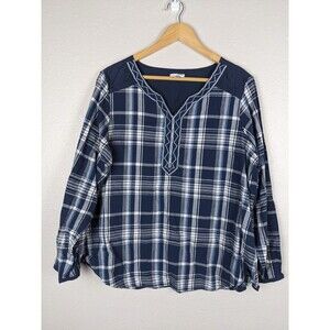 Rebecca Malone Plaid Peasant Top Blue Cotton Size 1X